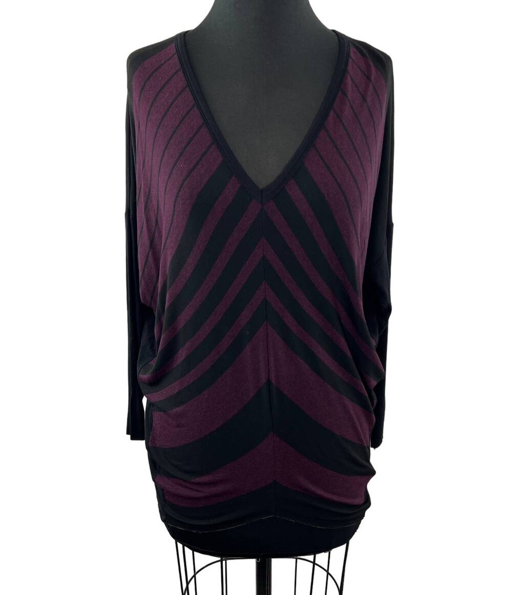 Bailey 44 Black Purple Stripe Stretch Jersey Knit V-Neck Dolman Tunic Top USA S
